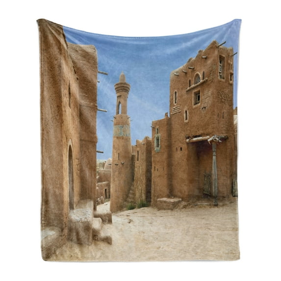 Desert Soft Flannel Fleece Throw Blanket, Sarai Batu Reconstruction of Capital City of Golden Horde Russia, Cozy Plush for Indoor and Outdoor Use, 70" x 90", Pale Brown Pale Blue, by Ambesonne