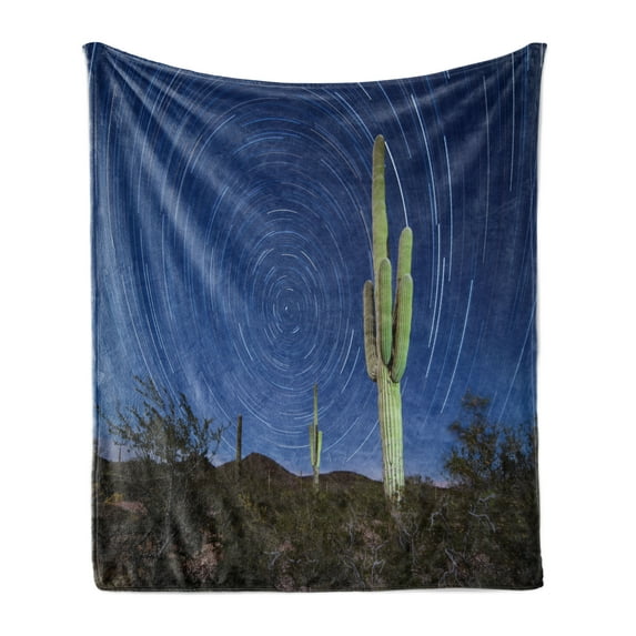 Desert Soft Flannel Fleece Throw Blanket, Sonoran Desert and Saguaro Cactus at Night, Cozy Plush for Indoor and Outdoor Use, 70" x 90", Dark Sky Blue Taupe, by Ambesonne