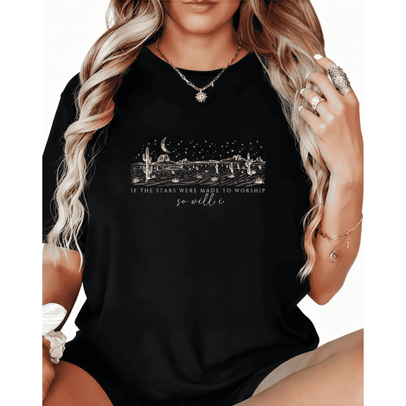 Desert Star Worship Graphic Breathable Tee T-Shirt Print Top Short Sleeve Round Neck Black S-5XL