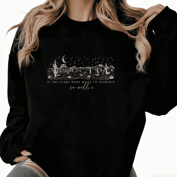 Desert Star Worship Graphic Suitable Comfortable Tee T-Shirt Print Top Round-neck long-sleeved Black S-3XL