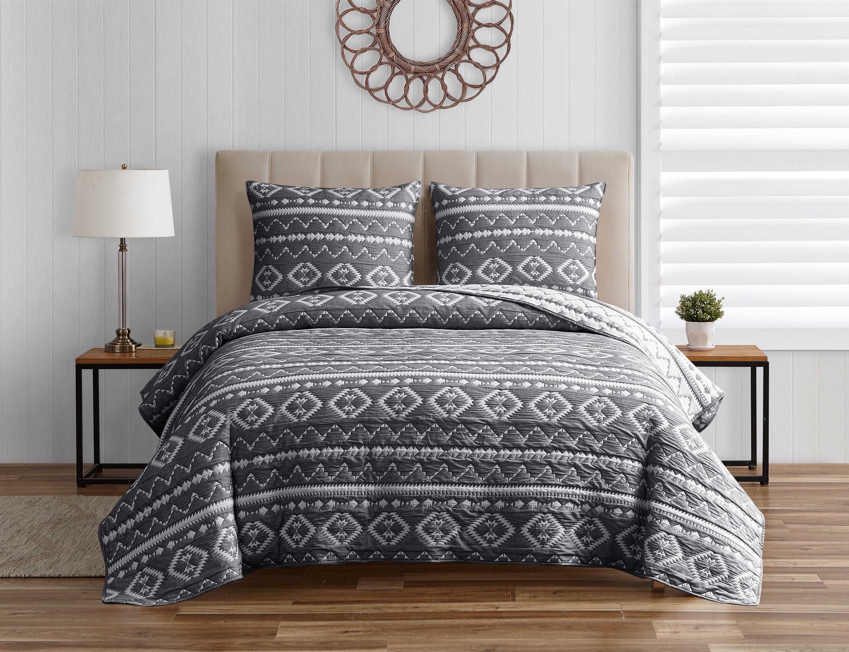 Gray and White Cotton Twin Quilt Set with Nordic Pattern