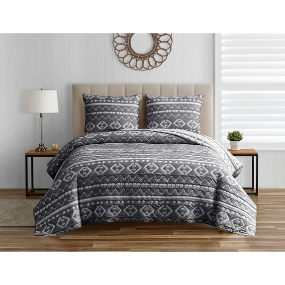 Desert Stripe Dark Grey 3-Piece Soft Matelasse Jacquard Cotton Blend Quilt Set - King