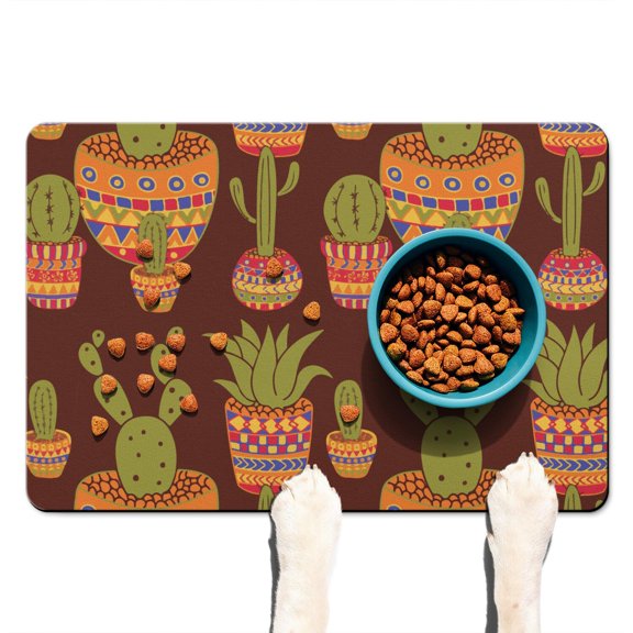 Desert Style Dog Feeding Mat - Waterproof Pet Food Mat - Non-Slip Absorbent Cactus Art Design - Multi-Layer Structure - Large Size
