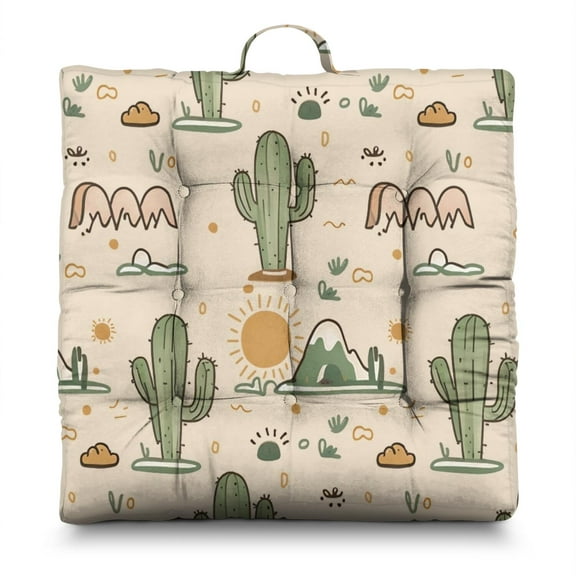 Desert Style Meditation Pouf - Oversized Square Floor Pillow, Retro Cactus Design, 9-Point Tufting for Even Filling, Ideal for Office or Living Room