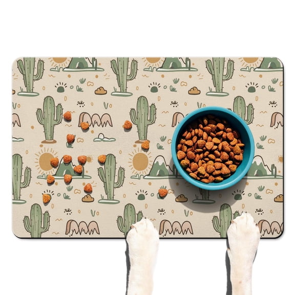 Desert Style Pet Food Mat - Waterproof Dog Feeding Mat - Non-Slip Absorbent Cactus Design - Multi-Layer Protection - Large Size for Messy Drinkers