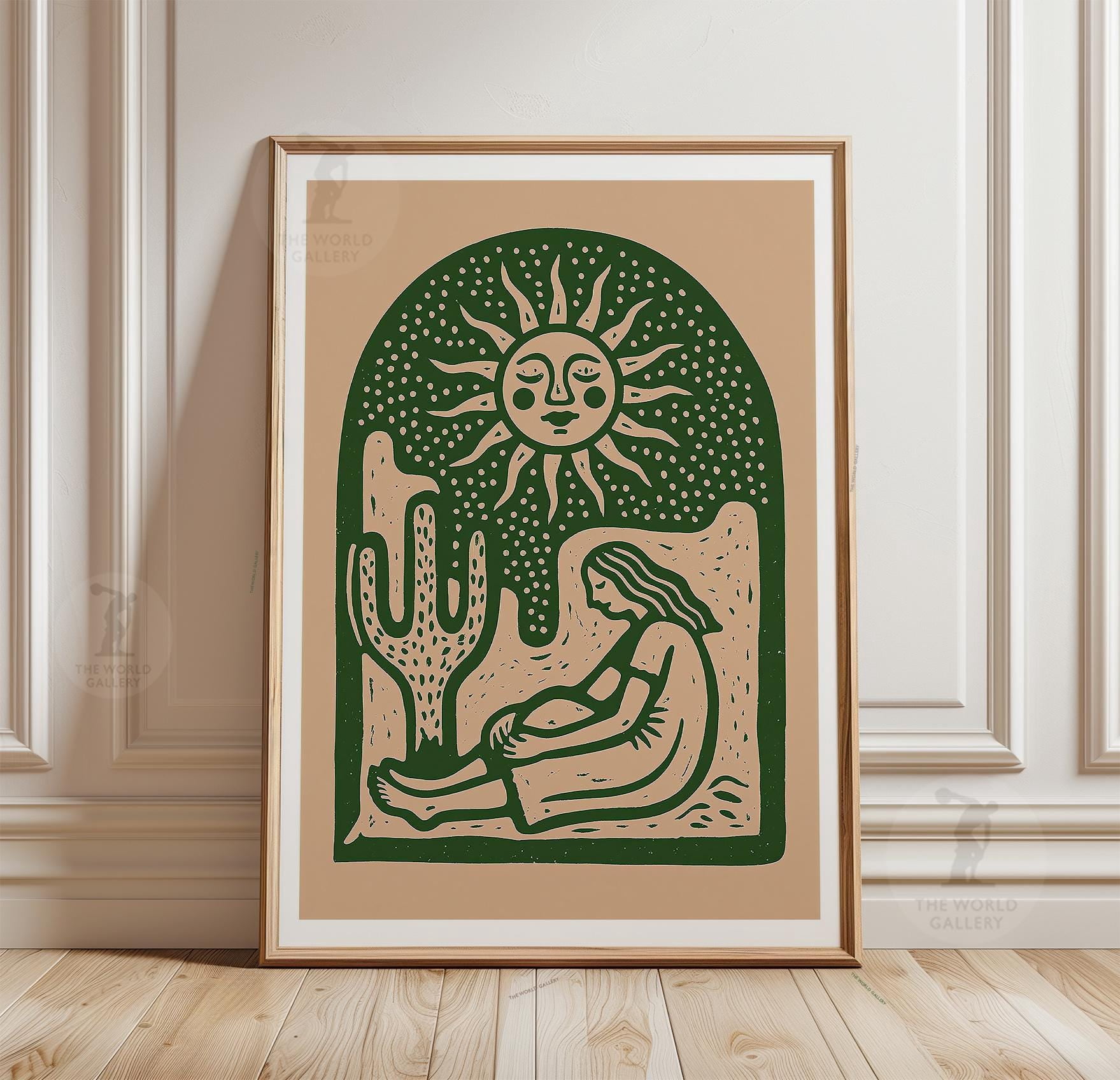 Desert Sun Wall Art, Green Linocut Print, Southwestern Paper Decor ...