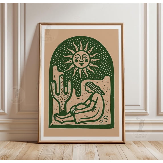 Desert Sun Wall Art, Green Linocut Print, Southwestern Paper Decor ...