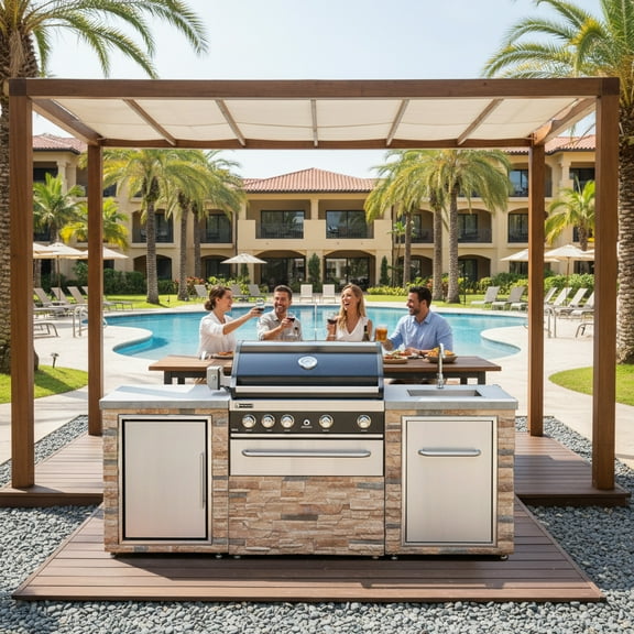 Prokan Desert Sunrise 5-Burner Propane Grill Island with Stainless Steel Fridge and Sink