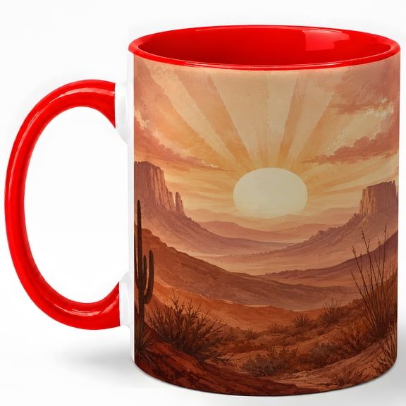 Desert Sunrise Coffee Mug, Boho Southwest Cactus Mountain Landscape Design, 11 oz Ceramic Cup