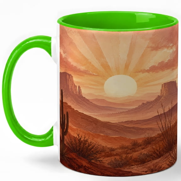 Desert Sunrise Coffee Mug, Boho Southwest Cactus Mountain Landscape Design, 11 oz Ceramic Cup