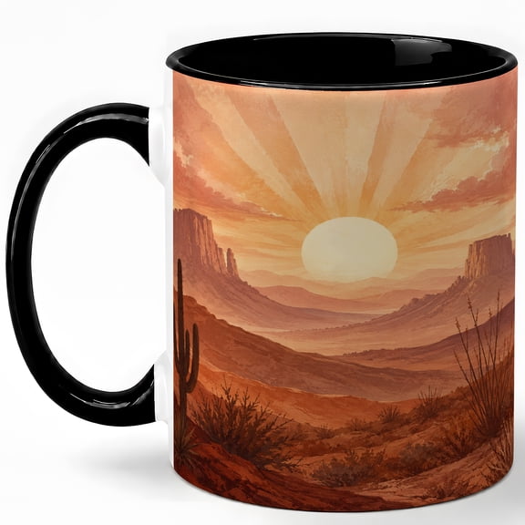 Desert Sunrise Coffee Mug, Boho Southwest Cactus Mountain Landscape Design, 11 oz Ceramic Cup