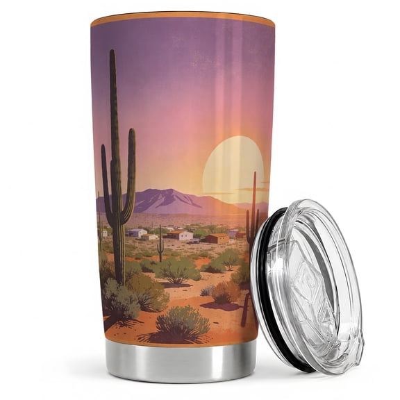 Desert Sunset 20oz Tumbler, Southwest Cactus Tumbler, Daily Coffee and Road Trip Drinkware, Saguaro Village Mountain Scene, Retro Desert Landscape Art, Hikers and Nature Enthusiasts