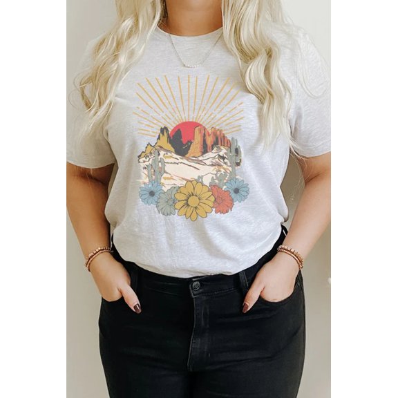 Desert Sunset Arches Floral Cacti Boho Graphic Tee T-Shirt