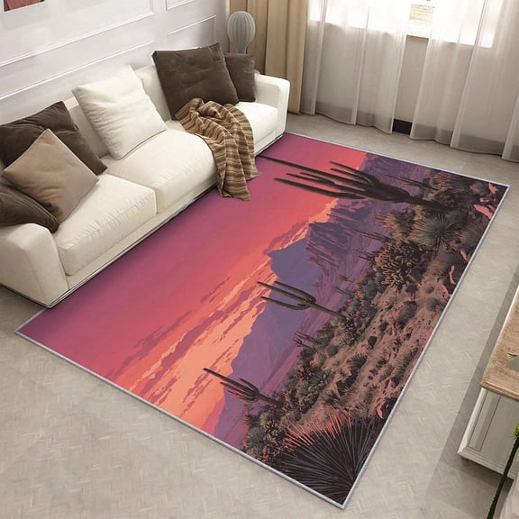 Desert Sunset Area Rug Cactus Landscape Carpet Washable Non Slip Low Pile Soft Living Room Bedroom Entrance Mat 2x3ft