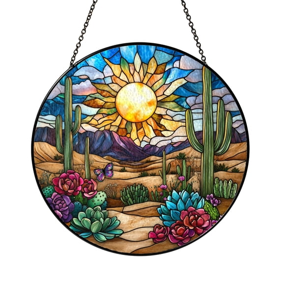 Desert Sunset Butterfly Stained Glass Style Suncatcher, Cactus Window Hanging for Nature Lovers and Home Decorng