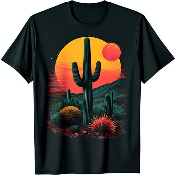 Desert Sunset Cactus Illustration Black T-Shirt Vibrant Red and Sky Design