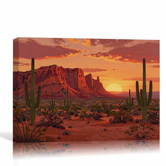 Desert Sunset Cactus Wall Art Large Landscape Canvas Print Living Room Decor 36"L x 24"W