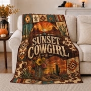 Desert Sunset Cowgirl Ranch and Sunflowers, Nostalgic Holiday Scene, Warm Flannel Blanket for Ranch House and Living Room, Horse Lovers Christmas Gift, Rustic Home Decor