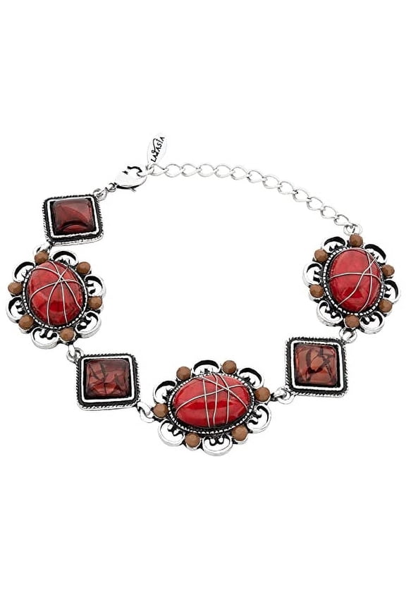Vintage Bohemian Red Stone Statement Bracelet with Square and Oval Beads Jewelry Bracelet Silver Metal
