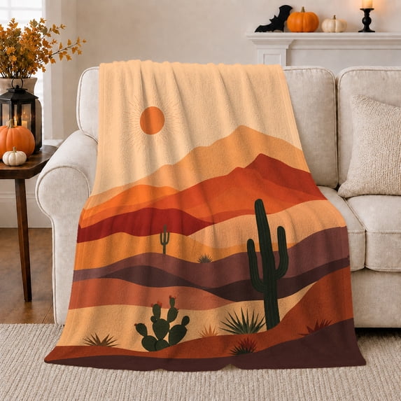 Desert Sunset Landscape Saguaro Prickly Pear Cactus, Peaceful Mountain Lake Scene, Warm Flannel Blanket for Cabin and Lodge, Outdoor Lovers Friendship Gift, Artistic Home Decor