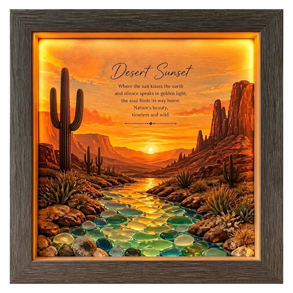 Desert Sunset Landscape Sea Glass Shadow Box LED Night Light, Multicolor USB Desktop Bedroom Home Decor Lamp