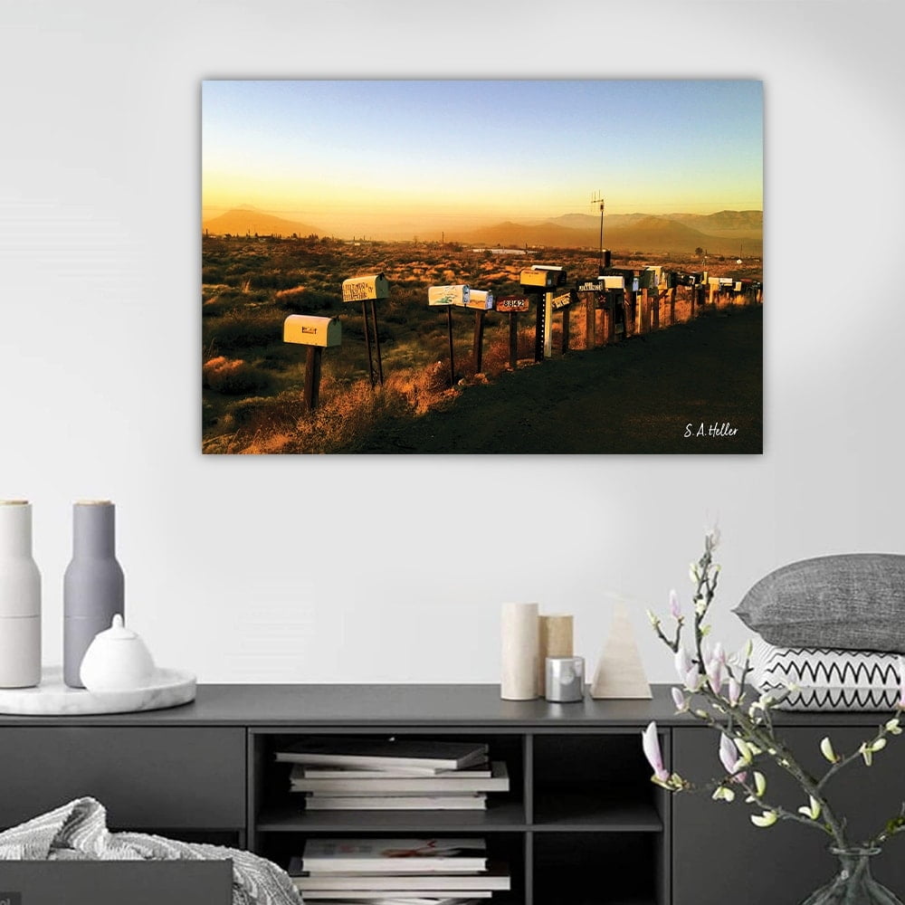 Desert Sunset Mailboxes by photographer Steven A. Heller - 14"x14" Canvas Artwork - Multi-Color 16 x 20