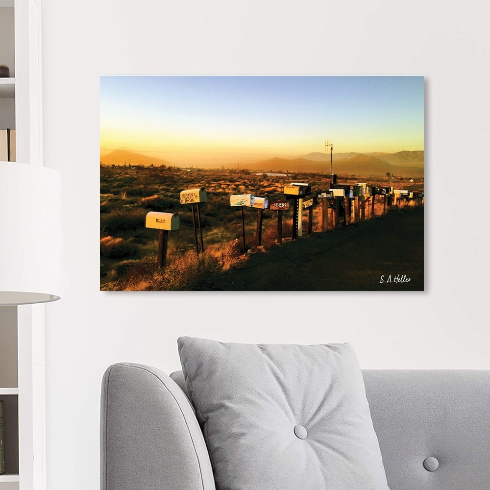 Desert Sunset Mailboxes by photographer Steven A. Heller - 14"x14" Canvas Artwork - Multi-Color 20 x 30