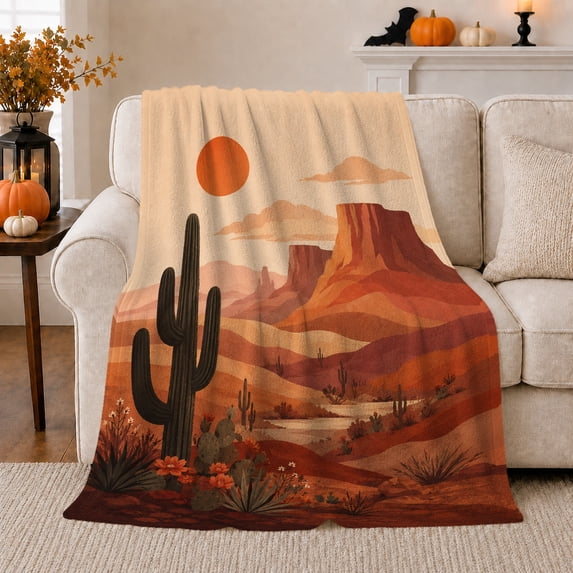 Desert Sunset Mesa Cactus Landscape Orange Brown, Peaceful Celestial Scene, Warm Flannel Blanket for Sunroom and Reading Nook, Garden Lovers Housewarming Gift, Celestial Home Decor
