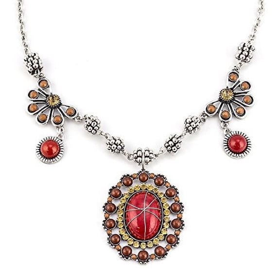 Artisan Wire Wrapped Desert Sunset Statement Necklace with Red and Brown Beads Jewelry Necklace Silver