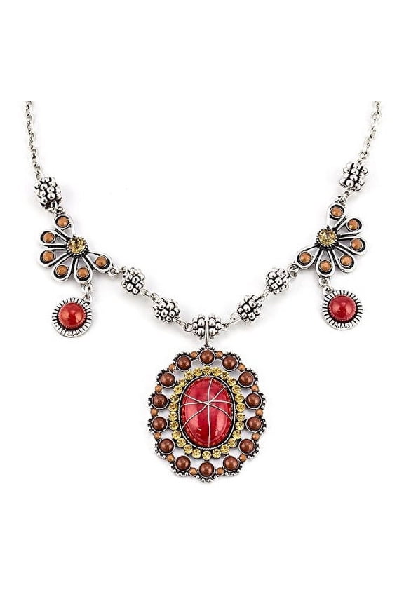 Artisan Wire Wrapped Desert Sunset Statement Necklace with Red and Brown Beads Jewelry Necklace Silver