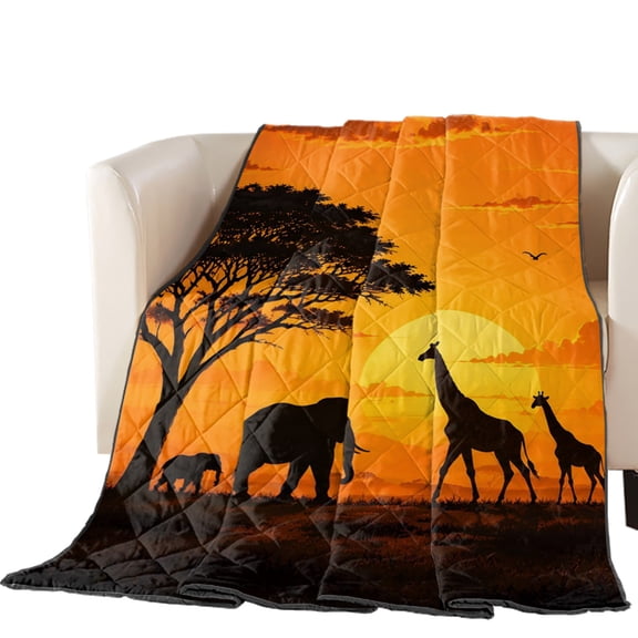 Desert Sunset Quilted Comforters Cooling Blanket Oversized King Size, Lion Elephant Tree Giraffe Boho Cold Comfort for Hot Sleepers Lightweight Air Conditioning Quilt Blanket for Bed