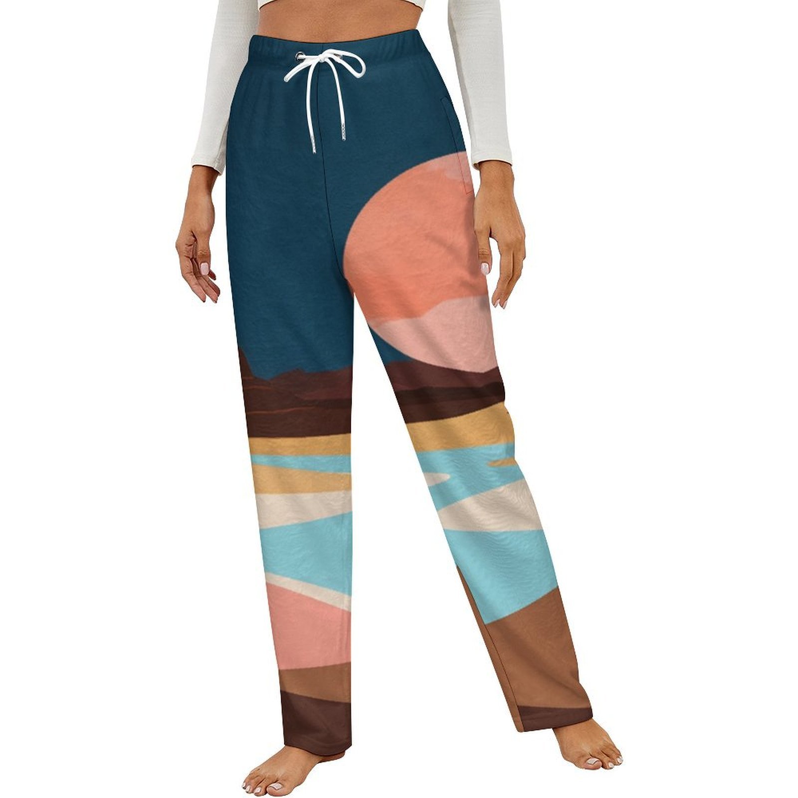 Image showcasing Desert Sunset Reflections Winter Female Pants Flannel High Waist Women ...