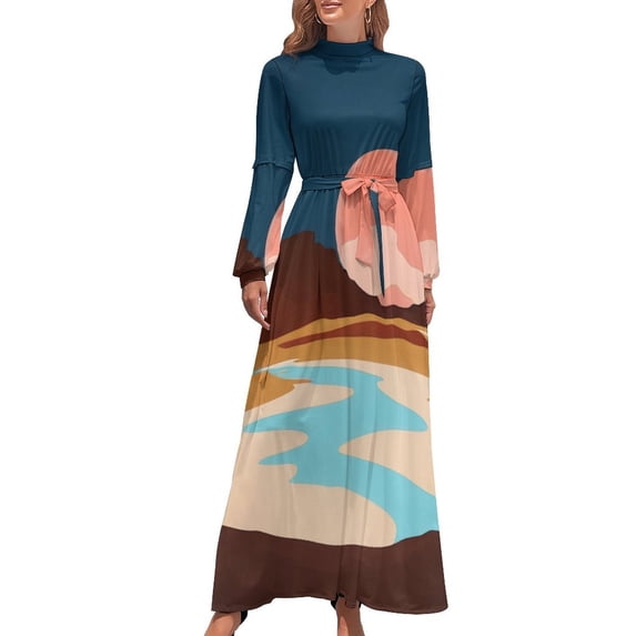 Desert Sunset Reflections Women's Long Dress Long Sleeves Dress Vintage Dresses Party Maxi Dress High Waist Dress