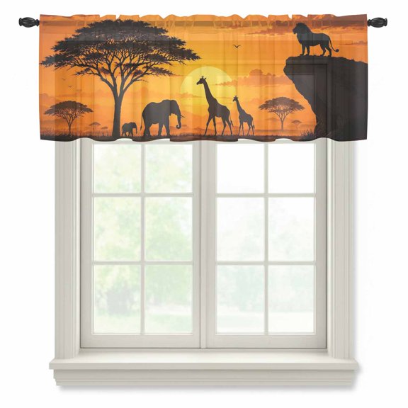 Desert Sunset Sheer Valances for Windows, Lion Elephant Tree Giraffe Boho Semi Sheer Kitchen Valance Rod Pocket Small Voile Window Curtains for Living Room Bedroom 42 x 12 Inch