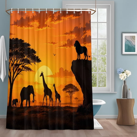 Desert Sunset Shower Curtain Set with Hooks, Lion Elephant Tree Giraffe Boho Water Repellent Sturdy Shower Curtains for Bathroom Decoration, Machine Washable 36x72 Inch