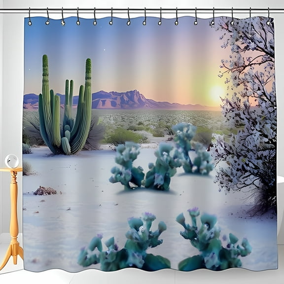 Desert Sunset Shower Curtain - Vibrant Cactus and Mountain Landscape Design Warm Gradient Colors Serene Nature Decor for Bathroom