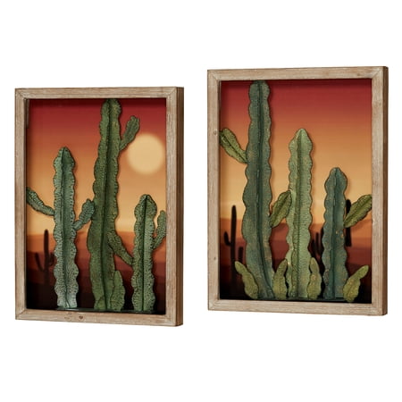 Desert at Sunset Southwest Cactus Wall Art Set of Two, 3D Metal Cacti in Front of Majestic Desert Print, Each Panel is 21 by 16 Inches, 2 Inch Depth Set of 2