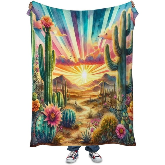 Desert Sunset Throw Blanket Cactus Fleece Throw Blanket for Sofa Couch Bed Desert Sunset Scenery Plush Blanket Ultra Soft Decor Boho Natural Theme Fuzzy Blanket Baby Soft 50"x60"