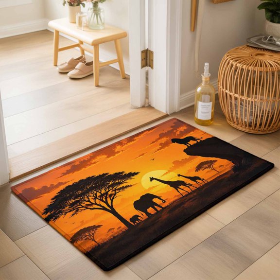 Desert Sunset Washable Small Entryway Area Rugs 2'x3', Lion Elephant Tree Giraffe Boho Washable Throw Rug Non-Slip Sturdy Edge Binding Carpet for Front Door Floor Room Entry