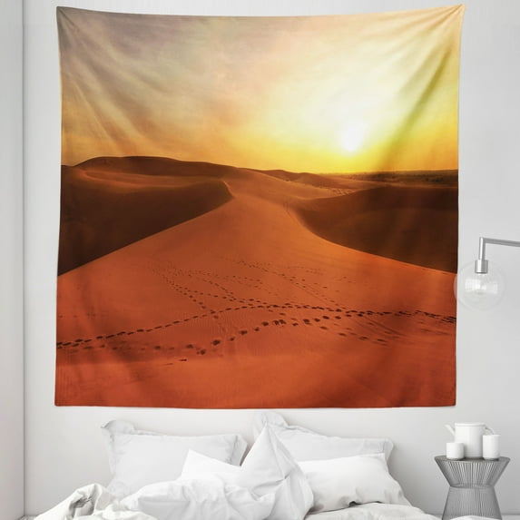 Desert Tapestry, Footprints on Sand Dunes at Sunrise Hot Dubai Landscape Travel Destination, Fabric Wall Hanging Decor for Bedroom Living Room Dorm, 5 Sizes, Dark Orange Yellow, by Ambesonne