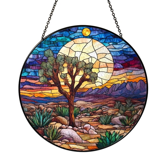 Desert Tree Sunset Window Decor – Stained Glass Style Panel