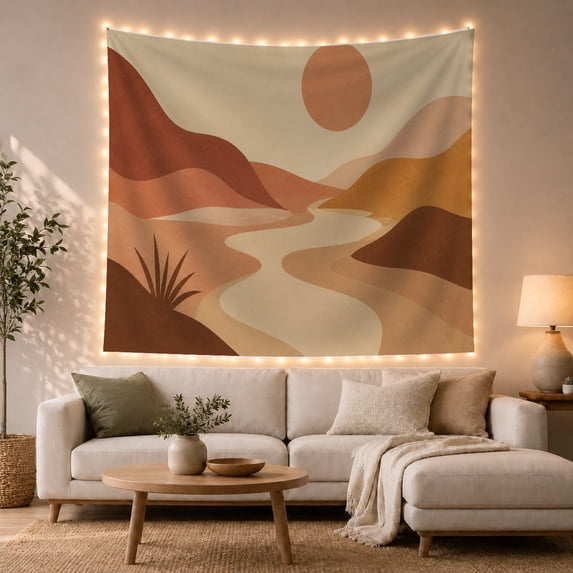 Desert Upper Right with Pale Circular Terracotta Serves, Serene Boho for Boho Decor Lovers, Desert Sunset Wall Art, Valentine'S Day Gift, Tapestry Wall Hanging for Bedroom and Dorm