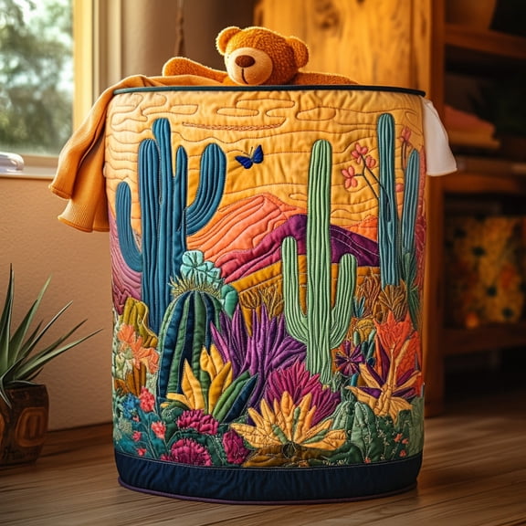 Desert Vibes Quilted Laundry Basket, Boho Cactus Hamper, Southwestern Room Storage Basket