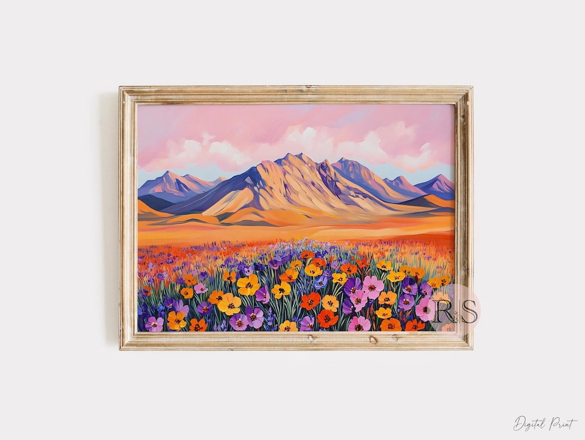 Desert Wildflower Landscape Painting Art Print, Pink Cloud Mountain ...
