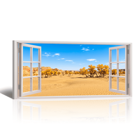 Desert Window Canvas Wall Art, Large Golden Trees Landscape Canvas Prints Horizontal Natural View Artwork Paintings for Living Room Bedroom Home Decor