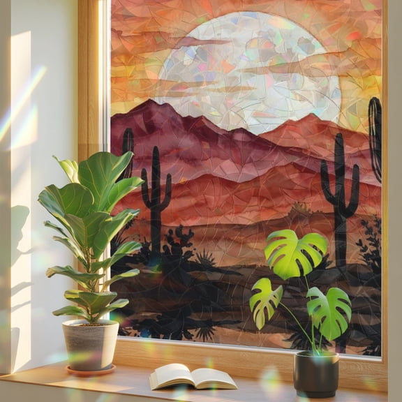 Desert Window Privacy Film, Nature Cactus Moon Red Mountains Landscape Stained Glass Rainbow Film Decorative Window Clings, Static Cling Sun Blocking Stickers 17.7" x 39.3"