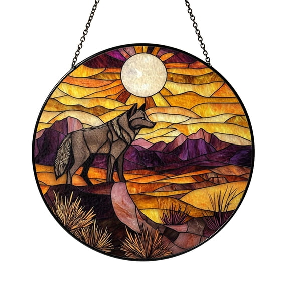 Desert Wolf Stained Glass Style Suncatcher Window Hanging Decor, Round Wolf and Sunset Landscape Glass Window Panel Art, Decorative Wild Wolf Scene Window Ornament for Home