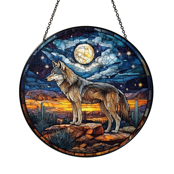 Desert Wolf Stained Glass Suncatcher, Night Sky Moon Window Hanging Decor, Fantasy Animal Art Panel, Mountain Landscape Decorative Glass Style, Gift for Wildlife and Nature Lovers