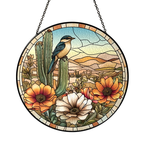 Desert Wren Glass Suncatcher Window Ornament, Saguaro Landscape Design, Nature Inspired Accent