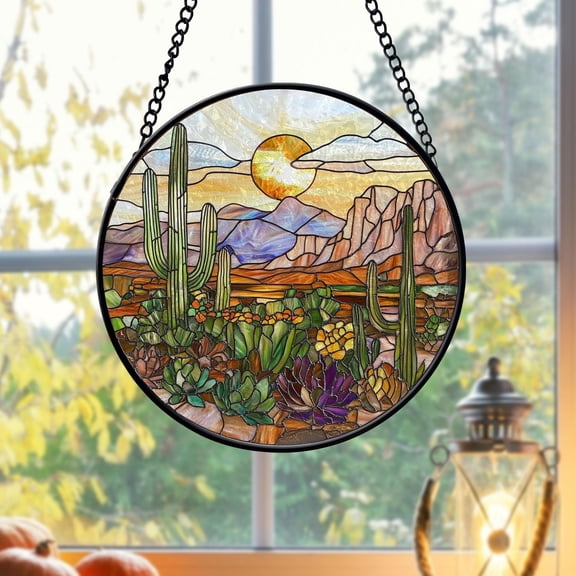 Desert and Cactus Faux Stained Glass, Sunset Nature Suncatcher, Window Hanging Decor, Cactus Home Decor , Nature Lover Gifts, Birthday Gifts